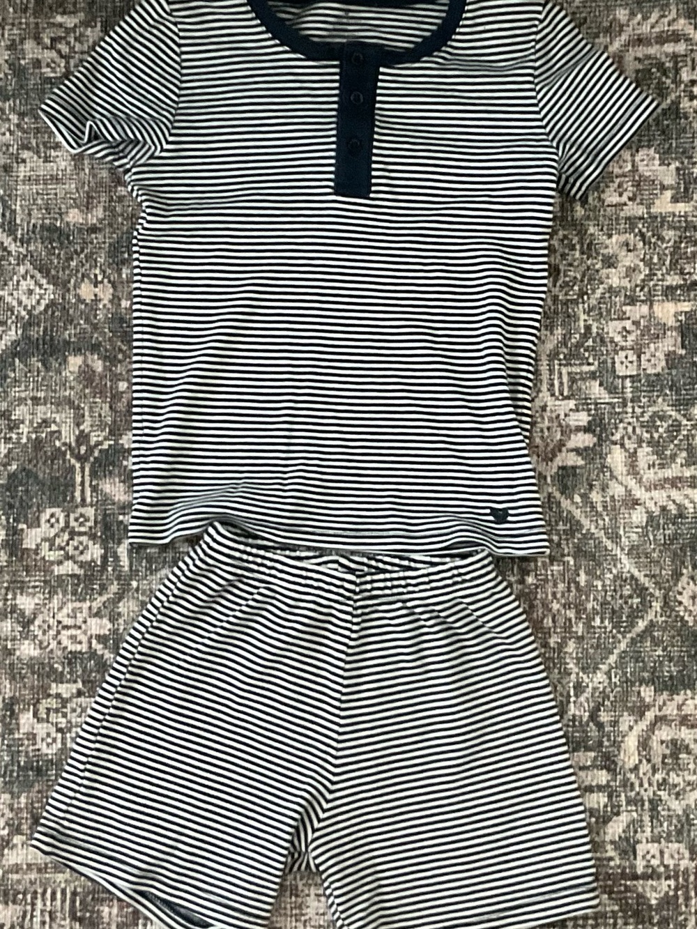Petite Plume Short Sleeve Striped Pajama Set - black and White